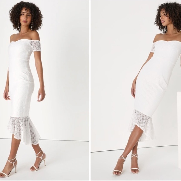 LULU's Bridal Chic Modern Sexy Floral Lace Engagement Wedding Shower Midi Dress - Picture 3 of 4